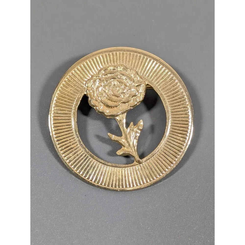 Vintage Gold‎ Tone Ribbed Rose Flower Round Wreath Pin Brooch Retro